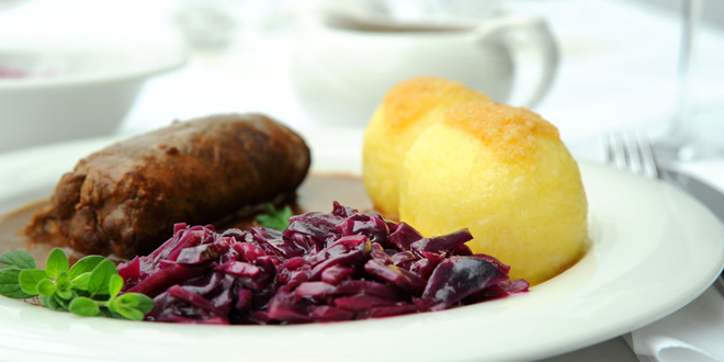 Beef Rouladen with red cabbage and potato dumplings